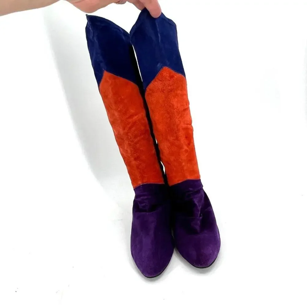 1980s Passports Over The Knee Suede Boots- Colorblock- Low Heel- Comfortable 7.5